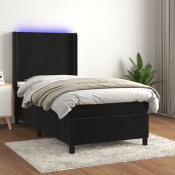 Cama Individual | Cama Para Adultos | Cama Box Spring Colchón Y Led Terciopelo Negro 90x190 Cm Cfw4214662