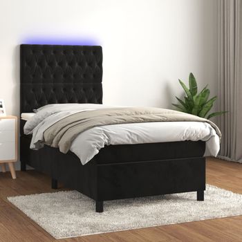 Cama Individual | Cama Para Adultos | Cama Box Spring Colchón Y Led Terciopelo Negro 90x190 Cm Cfw8919716