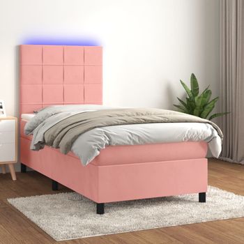 Cama Individual | Cama Para Adultos | Cama Box Spring Colchón Y Led Terciopelo Rosa 90x190 Cm Cfw7622292