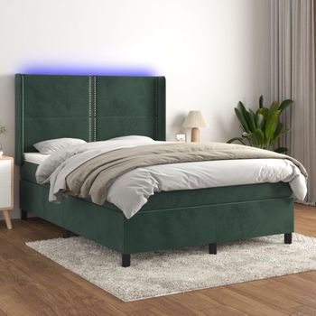 Cama Doble | Cama Para Adultos | Cama Box Spring Colchón Y Led Terciopelo Verde Oscuro 140x200cm Cfw1497249