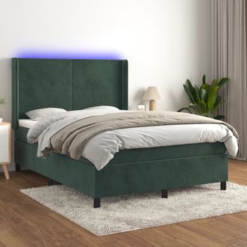 Cama Doble | Cama Para Adultos | Cama Box Spring Colchón Y Led Terciopelo Verde Oscuro 140x200cm Cfw1153949