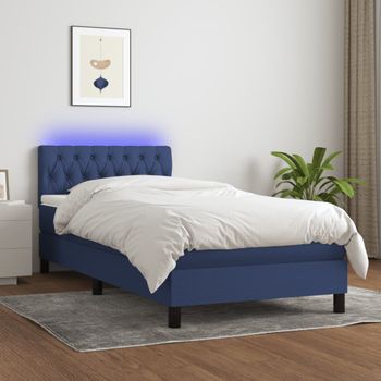 Cama Individual | Cama Para Adultos | Cama Box Spring Colchón Y Luces Led Tela Azul 100x200 Cm Cfw9281769