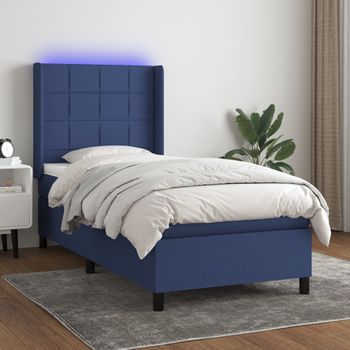 Cama Individual | Cama Para Adultos | Cama Box Spring Colchón Y Luces Led Tela Azul 100x200 Cm Cfw6659274