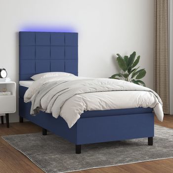 Cama Individual | Cama Para Adultos | Cama Box Spring Colchón Y Luces Led Tela Azul 100x200 Cm Cfw4821158