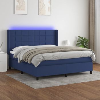 Cama Doble | Cama Para Adultos | Cama Box Spring Colchón Y Luces Led Tela Azul 180x200 Cm Cfw7298491