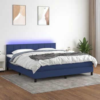 Cama Doble | Cama Para Adultos | Cama Box Spring Colchón Y Luces Led Tela Azul 180x200 Cm Cfw6210096