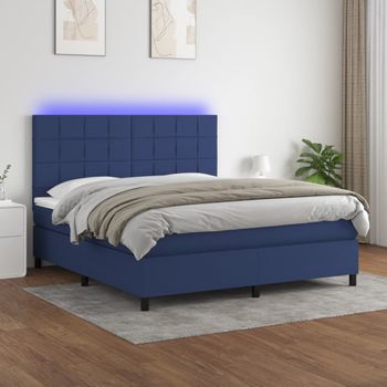 Cama Doble | Cama Para Adultos | Cama Box Spring Colchón Y Luces Led Tela Azul 180x200 Cm Cfw9886581