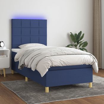 Cama Individual | Cama Para Adultos | Cama Box Spring Colchón Y Luces Led Tela Azul 90x190 Cm Cfw8635387