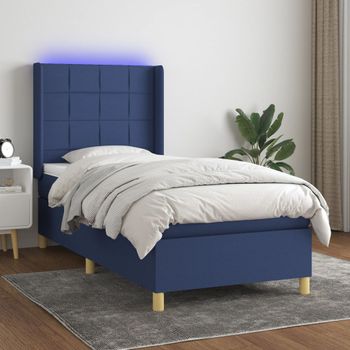 Cama Individual | Cama Para Adultos | Cama Box Spring Colchón Y Luces Led Tela Azul 90x190 Cm Cfw9123477