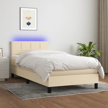 Cama Individual | Cama Para Adultos | Cama Box Spring Colchón Y Luces Led Tela Color Crema 90x190 Cm Cfw5181306