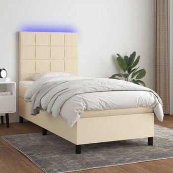 Cama Individual | Cama Para Adultos | Cama Box Spring Colchón Y Luces Led Tela Color Crema 90x190 Cm Cfw9133229