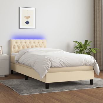 Cama Individual | Cama Para Adultos | Cama Box Spring Colchón Y Luces Led Tela Color Crema 90x190 Cm Cfw2400074