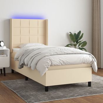 Cama Individual | Cama Para Adultos | Cama Box Spring Colchón Y Luces Led Tela Color Crema 90x190 Cm Cfw1235034