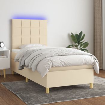 Cama Individual | Cama Para Adultos | Cama Box Spring Colchón Y Luces Led Tela Color Crema 90x190 Cm Cfw8201815