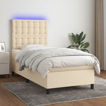 Cama Individual | Cama Para Adultos | Cama Box Spring Colchón Y Luces Led Tela Crema 100x200 Cm Cfw5697829