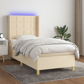 Cama Individual | Cama Para Adultos | Cama Box Spring Colchón Y Luces Led Tela Crema 100x200 Cm Cfw1947509