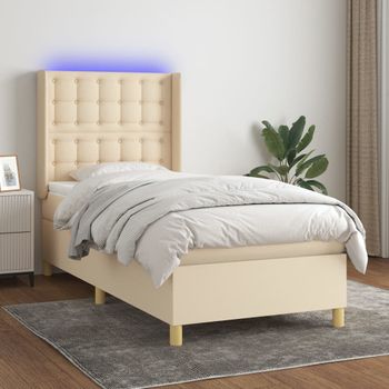 Cama Individual | Cama Para Adultos | Cama Box Spring Colchón Y Luces Led Tela Crema 100x200 Cm Cfw4721522