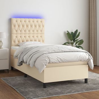 Cama Individual | Cama Para Adultos | Cama Box Spring Colchón Y Luces Led Tela Crema 100x200 Cm Cfw5911842