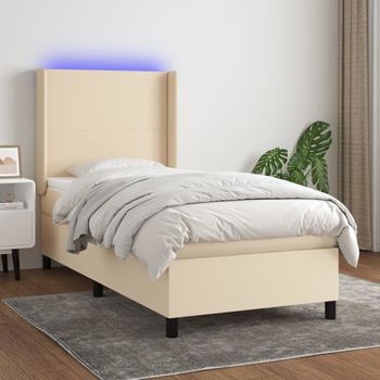 Cama Individual | Cama Para Adultos | Cama Box Spring Colchón Y Luces Led Tela Crema 100x200 Cm Cfw2584147