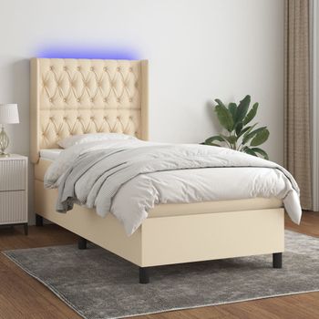 Cama Individual | Cama Para Adultos | Cama Box Spring Colchón Y Luces Led Tela Crema 100x200 Cm Cfw8661082