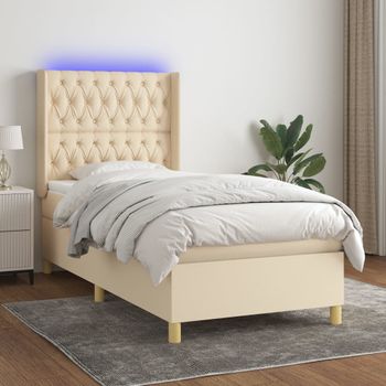 Cama Individual | Cama Para Adultos | Cama Box Spring Colchón Y Luces Led Tela Crema 100x200 Cm Cfw5420292