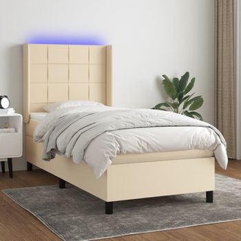 Cama Individual | Cama Para Adultos | Cama Box Spring Colchón Y Luces Led Tela Crema 100x200 Cm Cfw5298131