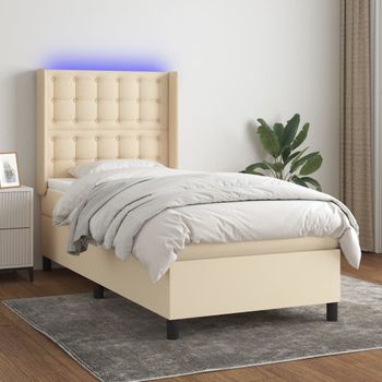 Cama Individual | Cama Para Adultos | Cama Box Spring Colchón Y Luces Led Tela Crema 100x200 Cm Cfw2514798