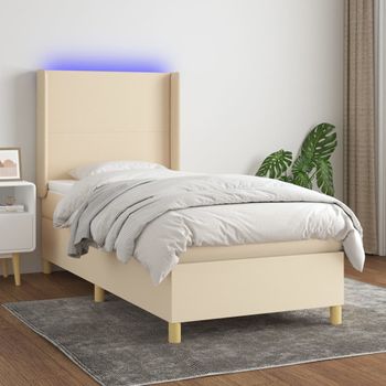 Cama Individual | Cama Para Adultos | Cama Box Spring Colchón Y Luces Led Tela Crema 100x200 Cm Cfw8121938