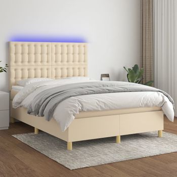 Cama Doble | Cama Para Adultos | Cama Box Spring Colchón Y Luces Led Tela Crema 140x190 Cm Cfw7814134