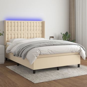 Cama Doble | Cama Para Adultos | Cama Box Spring Colchón Y Luces Led Tela Crema 140x190 Cm Cfw5355202