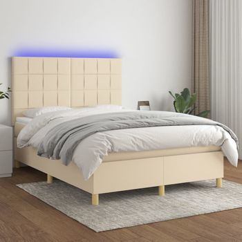 Cama Doble | Cama Para Adultos | Cama Box Spring Colchón Y Luces Led Tela Crema 140x190 Cm Cfw2057549