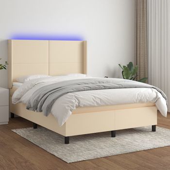 Cama Doble | Cama Para Adultos | Cama Box Spring Colchón Y Luces Led Tela Crema 140x190 Cm Cfw4282424