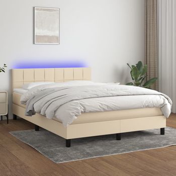 Cama Doble | Cama Para Adultos | Cama Box Spring Colchón Y Luces Led Tela Crema 140x190 Cm Cfw1524175