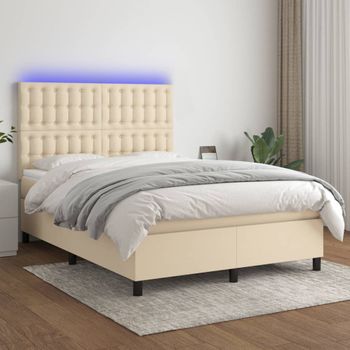 Cama Doble | Cama Para Adultos | Cama Box Spring Colchón Y Luces Led Tela Crema 140x190 Cm Cfw8536695