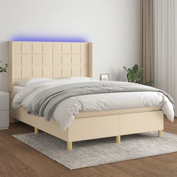 Cama Doble | Cama Para Adultos | Cama Box Spring Colchón Y Luces Led Tela Crema 140x190 Cm Cfw8454858