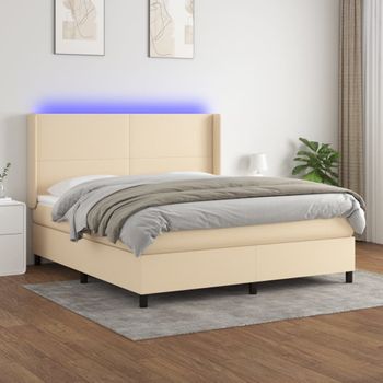 Cama Doble | Cama Para Adultos | Cama Box Spring Colchón Y Luces Led Tela Crema 160x200 Cm Cfw7114305