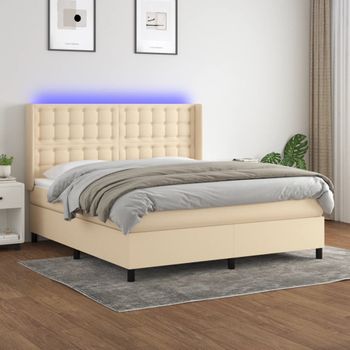 Cama Doble | Cama Para Adultos | Cama Box Spring Colchón Y Luces Led Tela Crema 160x200 Cm Cfw3506479