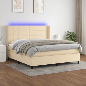 Cama Doble | Cama Para Adultos | Cama Box Spring Colchón Y Luces Led Tela Crema 180x200 Cm Cfw5109678