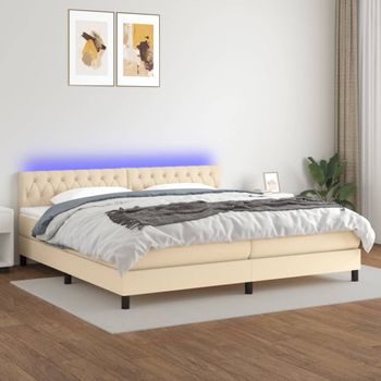 Cama Doble | Cama Para Adultos | Cama Box Spring Colchón Y Luces Led Tela Crema 200x200 Cm Cfw7101818