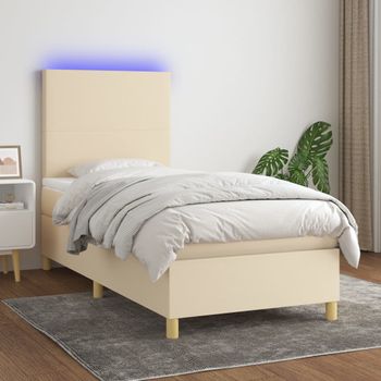 Cama Individual | Cama Para Adultos | Cama Box Spring Colchón Y Luces Led Tela Crema 80x200 Cm Cfw2569873