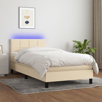 Cama Individual | Cama Para Adultos | Cama Box Spring Colchón Y Luces Led Tela Crema 90x200 Cm Cfw1101213