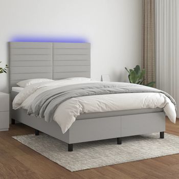 Cama Doble | Cama Para Adultos | Cama Box Spring Colchón Y Luces Led Tela Gris Claro 140x190 Cm Cfw1798321