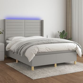 Cama Doble | Cama Para Adultos | Cama Box Spring Colchón Y Luces Led Tela Gris Claro 140x190 Cm Cfw3212554