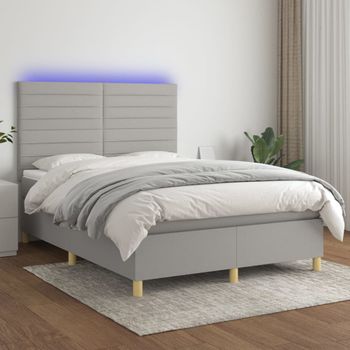 Cama Doble | Cama Para Adultos | Cama Box Spring Colchón Y Luces Led Tela Gris Claro 140x190 Cm Cfw2686222