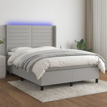 Cama Doble | Cama Para Adultos | Cama Box Spring Colchón Y Luces Led Tela Gris Claro 140x190 Cm Cfw7064750