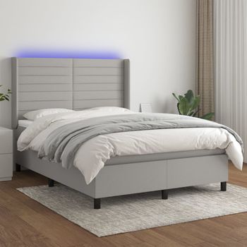 Cama Doble | Cama Para Adultos | Cama Box Spring Colchón Y Luces Led Tela Gris Claro 140x200 Cm Cfw6112746