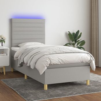 Cama Individual | Cama Para Adultos | Cama Box Spring Colchón Y Luces Led Tela Gris Claro 80x200 Cm Cfw6526309