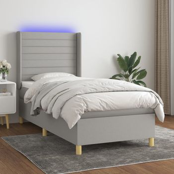 Cama Individual | Cama Para Adultos | Cama Box Spring Colchón Y Luces Led Tela Gris Claro 80x200 Cm Cfw4489601