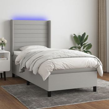 Cama Individual | Cama Para Adultos | Cama Box Spring Colchón Y Luces Led Tela Gris Claro 80x200 Cm Cfw8422565