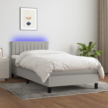 Cama Individual | Cama Para Adultos | Cama Box Spring Colchón Y Luces Led Tela Gris Claro 90x190 Cm Cfw2633783